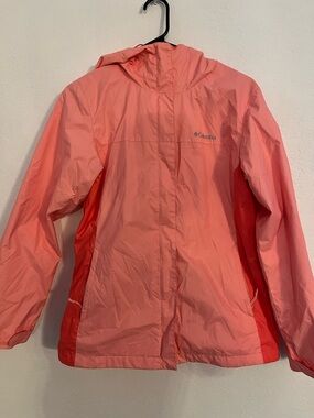 Columbia Girls Coral Pink Hooded Raincoat with Dark Pink Side Panels